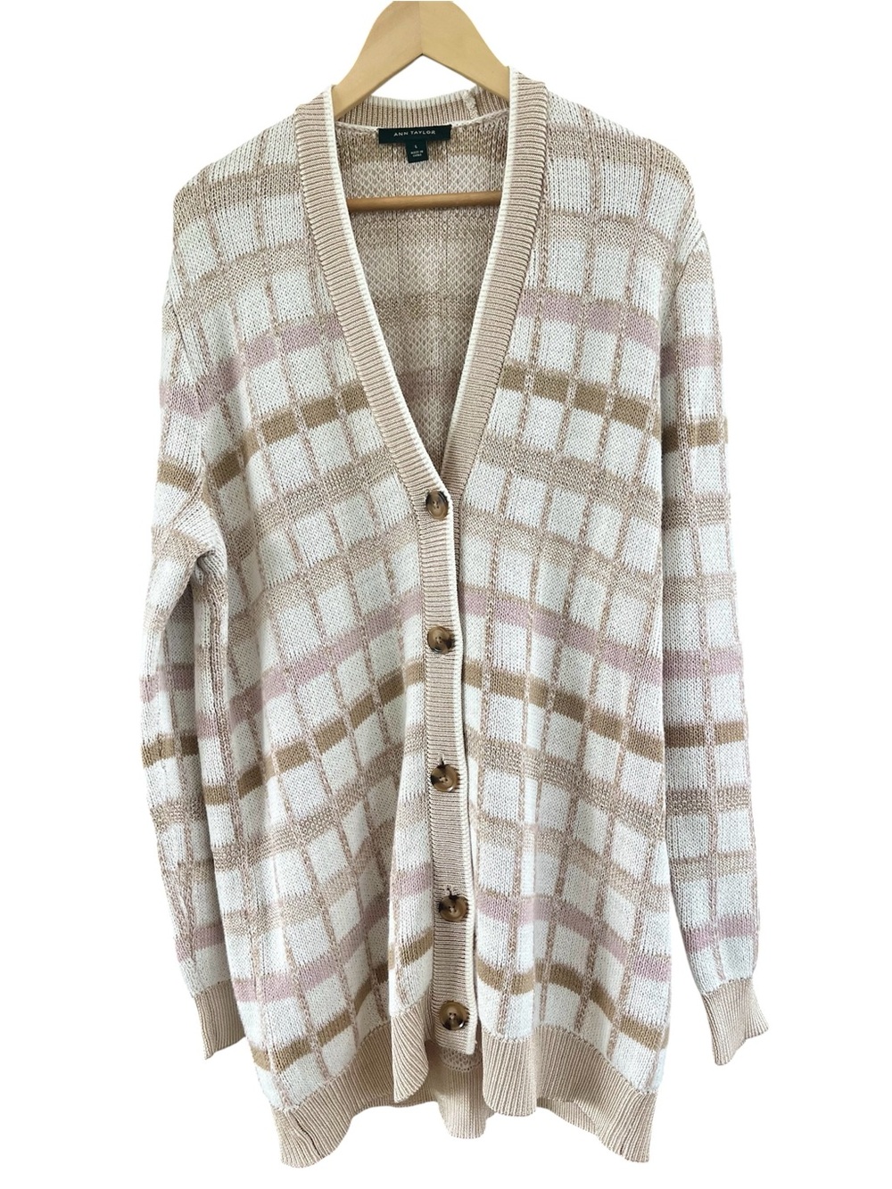 Ann Taylor Womens L Beige Pink Windowpane Plaid Cardigan Sweater V-Neck Button